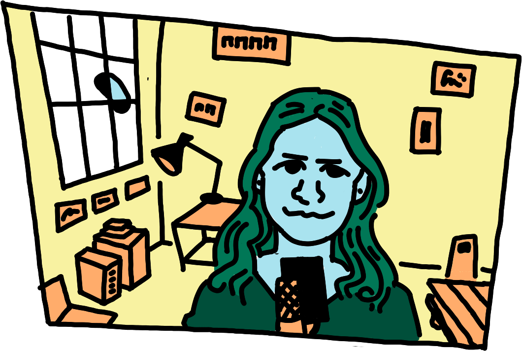 A webcam-angle drawing of gwil in the studio, as seen by Aljoscha in their many video chats. Thankfully still drawn by gwil, however. Sunlight fills the room, the walls are full of drawings. Gwil grins as gwil often does, and gives a thumbs-up.